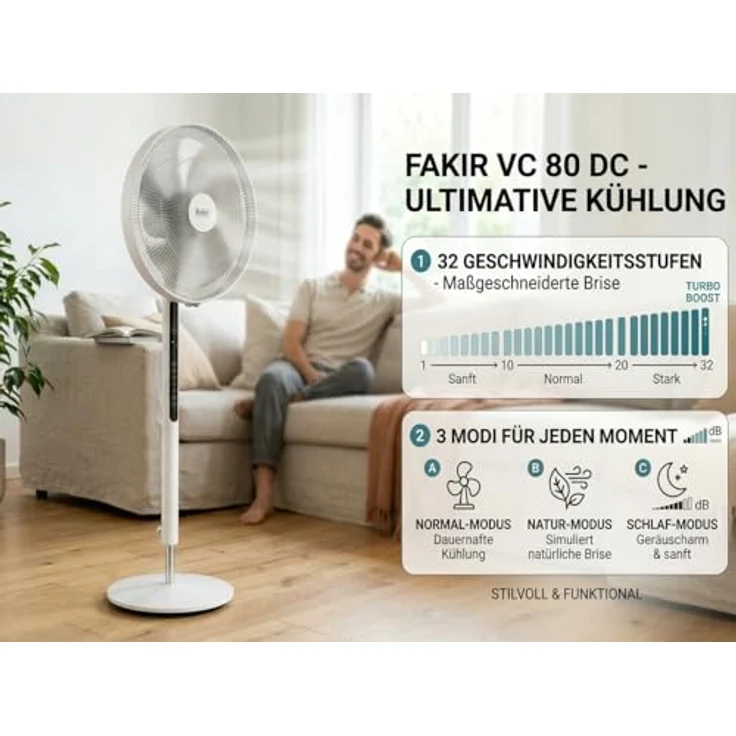 Fakir VC80DC Standventilator, 2400 m³/h, 55 dB, 33 Watt, Schwarz/Weiß, versandkostenfrei – Bild 2