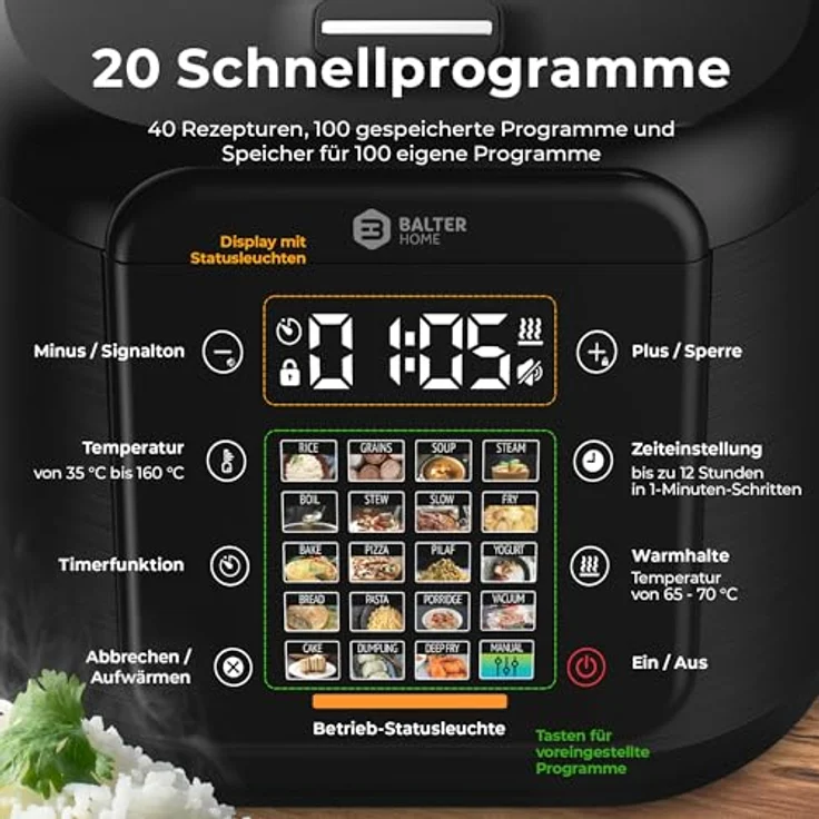Balter MK-02, 4L Reiskocher Multikocher mit Fuzzy-Logic, Dampfgarer & Slow Cooker, Timer und Warmhaltefunktion, inkl. Premium Topf, Zubehör & Rezeptbuch – Bild 4