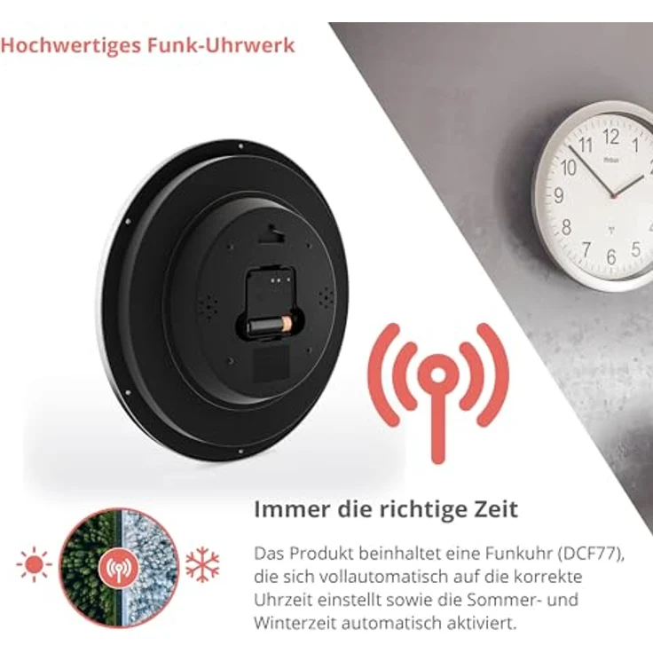 Mebus Wanduhr Funk Wanduhr (Schleichendes Uhrwerk, lautlos) - Silbernes Gehäuse, klassisches Design – Bild 6