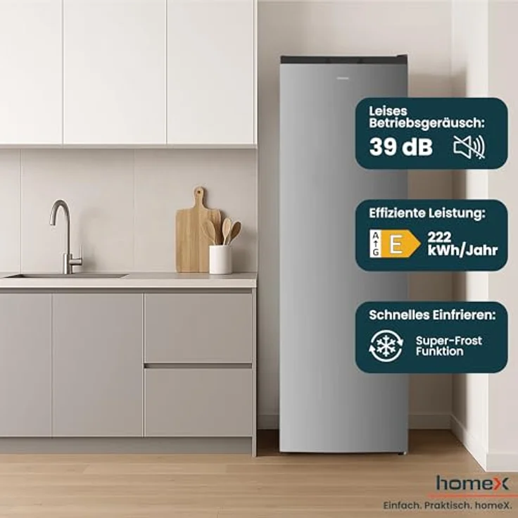 homeX Gefrierschrank FSN2041E-S, No Frost, 204L Nutzinhalt, 4-Sterne Gefrieren, Super-Frost-Funktion, silber – Bild 5