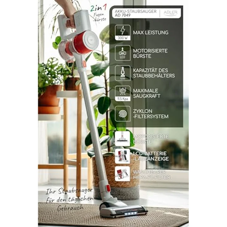 ADLER EUROPE Staubsauger, Leistung 300W/11500 Pa, Kabelloser Handstaubsauger, Vertikalstaubsauger, Arbeitszeit 30 Minuten, LCD-Display, EPA-Filter, Zyklonfilter, Elektrobürste mit LED-Licht – Bild 4