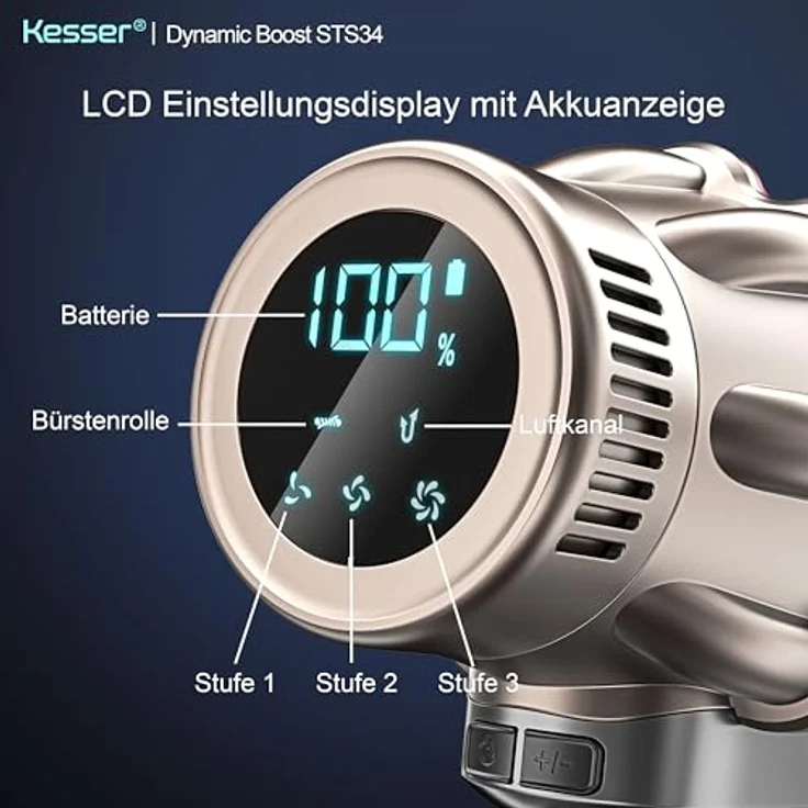 KESSER® Akku Staubsauger STS34, kabellos mit 70 Min. Laufzeit, HEPA-Filter, Anti-Tangle-Bodenbürste für Hartböden und Teppich, LED-Display – Bild 3