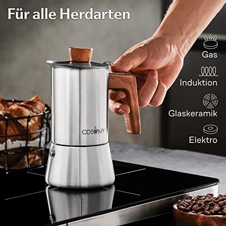 Cosumy Espressokocher, Induktionsgeeignet, FSC-zertifiziertes Eichenholz, 200 ml Fassungsvermögen – Bild 4