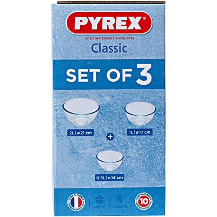 Pyrex Bowl Set, 3-teilig, Glas Rührschüsseln, 0.5L/1.0L/2.0L, hitzebeständig bis 300°C, kratzfest und schmutzabweisend – Bild 2