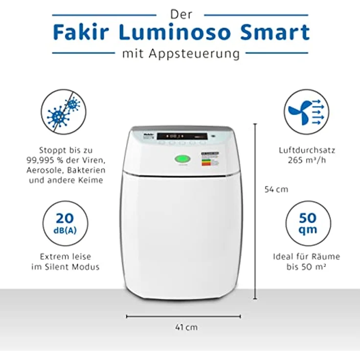 Fakir Luminoso Smart Luftreiniger, bis 50 m², CADR 265 m³-h, Ionen-Technologie, WiFi, 6-fach Filtersystem, 50 W, weiß (6749006) – Bild 4