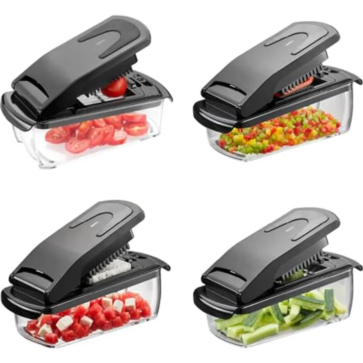 GEFU Würfel- und Stifteschneider mit Behälter, 3 Einsätze für Würfel, Stifte & Scheiben, Edelstahlklingen, 1000 ml, spülmaschinenfest, Antirutsch – Bild 1