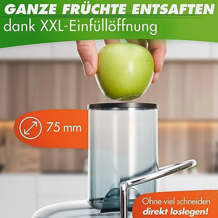 Nutrilovers QUICK-JUICER, Zentrifugalentsafter Edelstahl, 800W, 2 Geschwindigkeiten, XXL-Einwurf für ganze Früchte, BPA-frei, inkl. Trinkflasche & Rezeptbuch – Bild 4