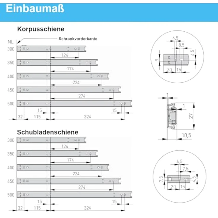 MS Beschläge Teleskopauszug 300mm Schubladenauszug Kugelauszug, verzinkt, 15kg Traglast, mit Entriegelungsfunktion, 27mm Höhe – Bild 7