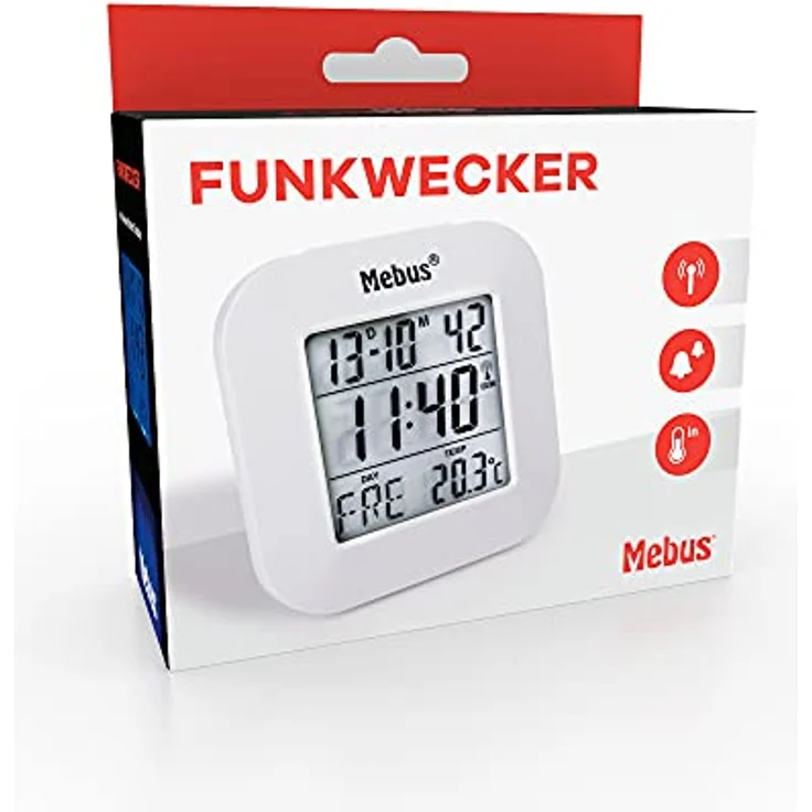 Mebus digitaler Funk-Wecker mit Thermometer, Datumsanzeige und Beleuchtung, Snooze-Funtion, Kunststoff, Weiß, 8 x 8,5 x 1,8 cm – Bild 4