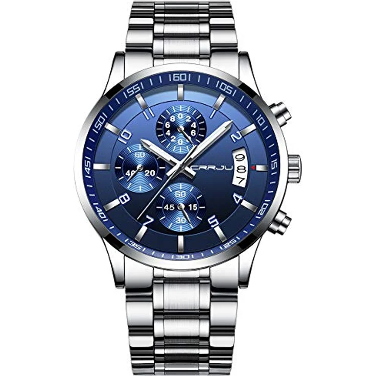 CRRJU Herren Chronograph Armbanduhr, wasserdichte Edelstahl Quarzuhr mit Kalender, Silber Blau – Bild 1