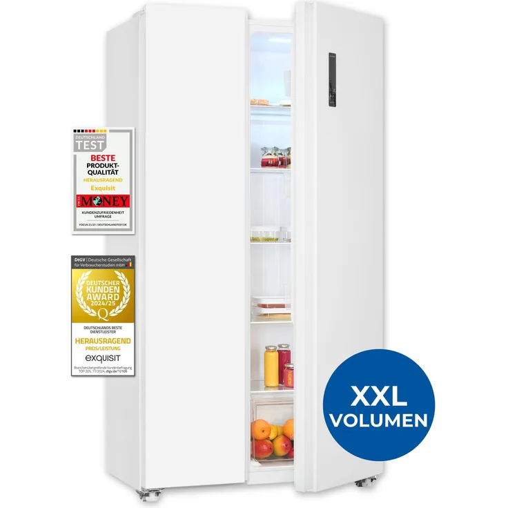 Exquisit SBS546-040D, Side-by-Side Kühl-Gefrierkombination, 442 Liter, No-Frost, LED-Display, 10 Ablagen, leiser Betrieb, weiß
