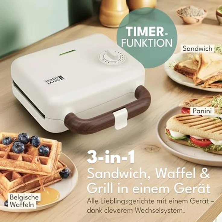 Lebenlang 3-in-1 Sandwichmaker, Waffeleisen und Kontaktgrill, 750 W mit Timer, Holzdesign – Bild 2