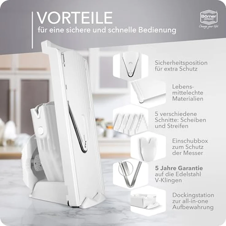 Börner Gemüsehobel V3 TrendLine Profi Set, Kunststoff, mit 2 Messereinschüben und Dockingstation weiß – Bild 6