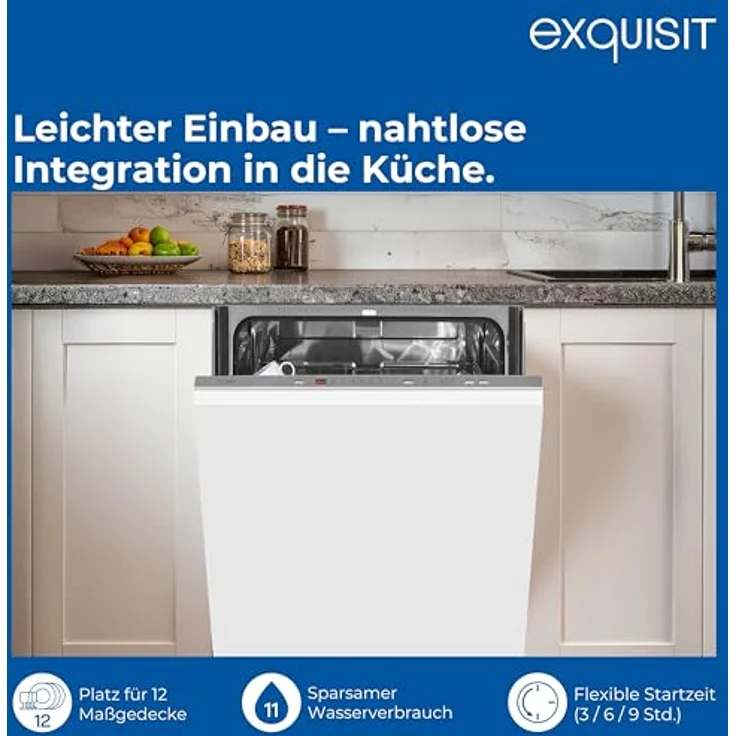 Exquisit EGSP56312-E-030E Einbau-Geschirrspüler, 12 Maßgedecke, 49 dB(A), Startzeitvorwahl, Aquastop, höhenverstellbarer Geschirrkorb, silber – Bild 4