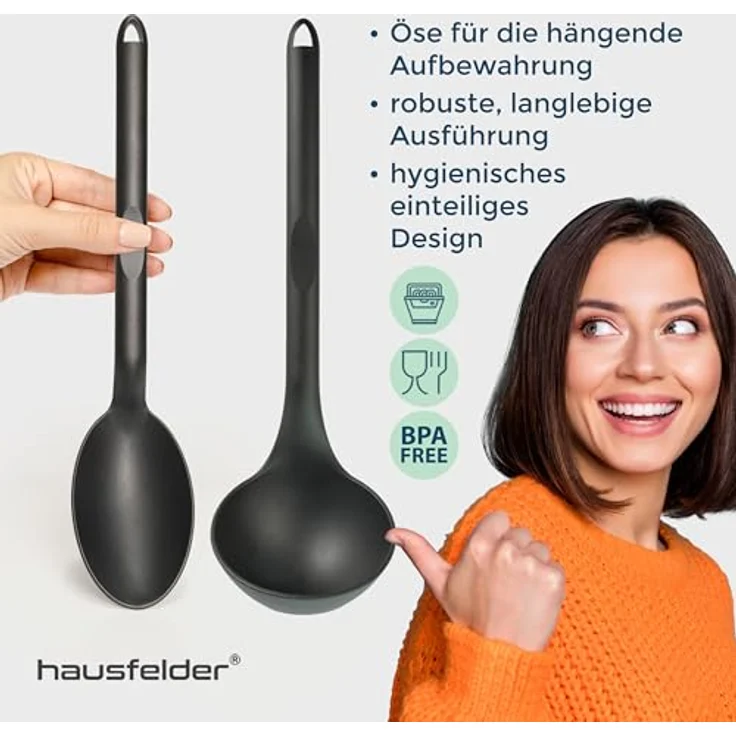Hausfelder KÜCHENHELFER Set, 2-teilig, Schöpfkelle und Schöpflöffel aus hitzebeständigem Kunststoff, schwarz, BPA-frei – Bild 2