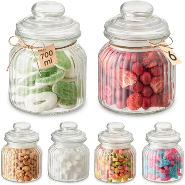 Niboline Praknu 6 Candy Bar Gläser, 700ml luftdichtes Vintage Keksglas mit Deckel und Etiketten, glasklar – Bild 1