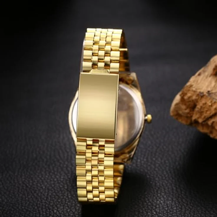 JewelryWe Herrenuhr Gold Edelstahl: Klassische Kalender Analog Quarz Armbanduhr mit Diamantskala und Facettiert Lünette, Edelstahlarmband – Bild 3