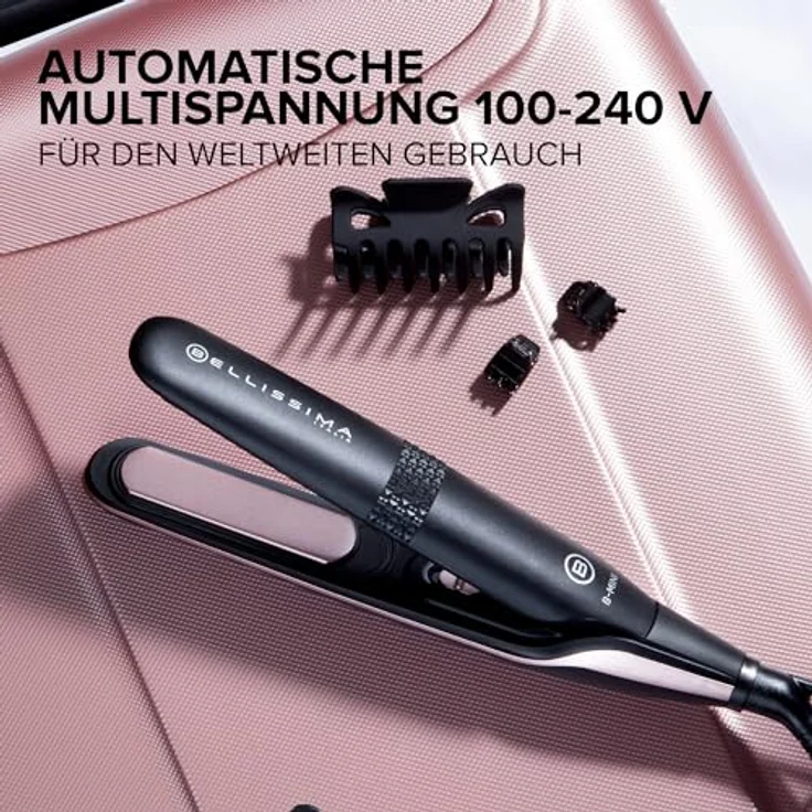 Bellissima Mini-Haarglätter für Tasche und Reisen, für glattes Haar jederzeit, überall, kompakt, leicht, Keramikbeschichtung, Temperatur 200 °C, automatische Mehrfachspannung, Beauty Bag – Bild 4
