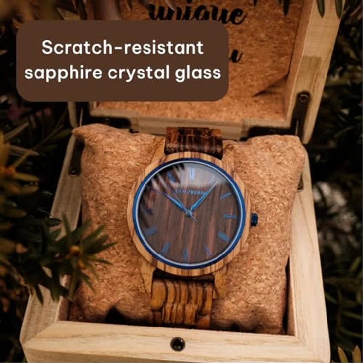 Holzkern Quarzuhr Herbstmorgen, Unisex Armbanduhr aus Zebrano/Wenge mit japanischem Quarzwerk und blauem Zifferblatt – Bild 6