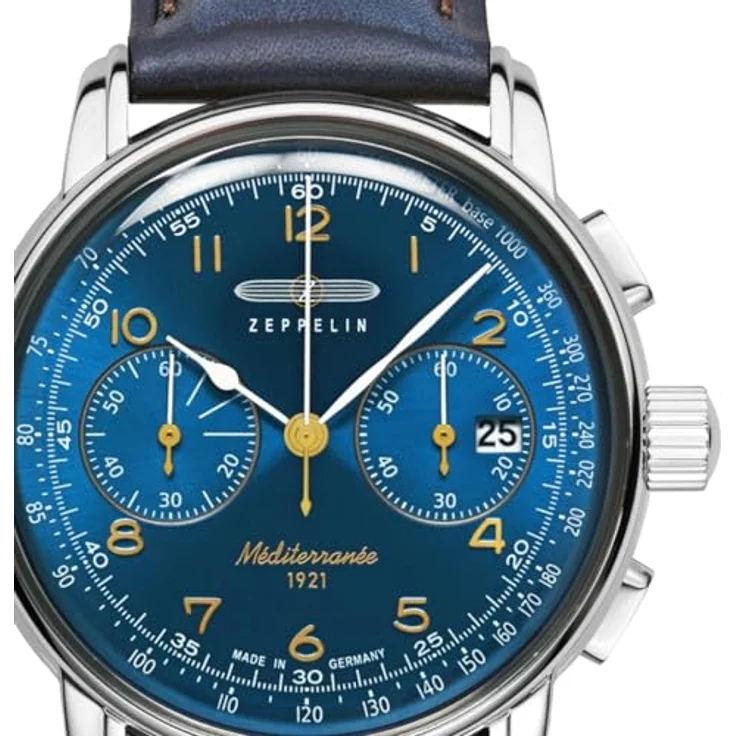 Zeppelin 9670-3 Herrenuhr 100 Jahre Méditerranée, Edelstahlgehäuse Silberfarben, azurblaues Zifferblatt, blaues Lederband – Bild 2