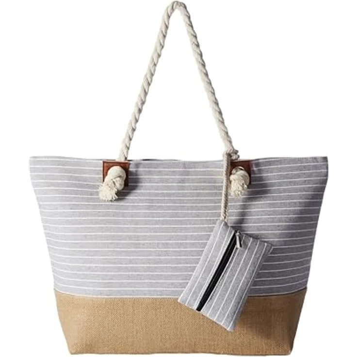 DonDon Strandtasche XXL mit Reißverschluss, geräumige Shopper Tasche Damen, gestreift grau, ideal für Strand und Freizeit, inklusive kleiner Innentasche – Bild 1