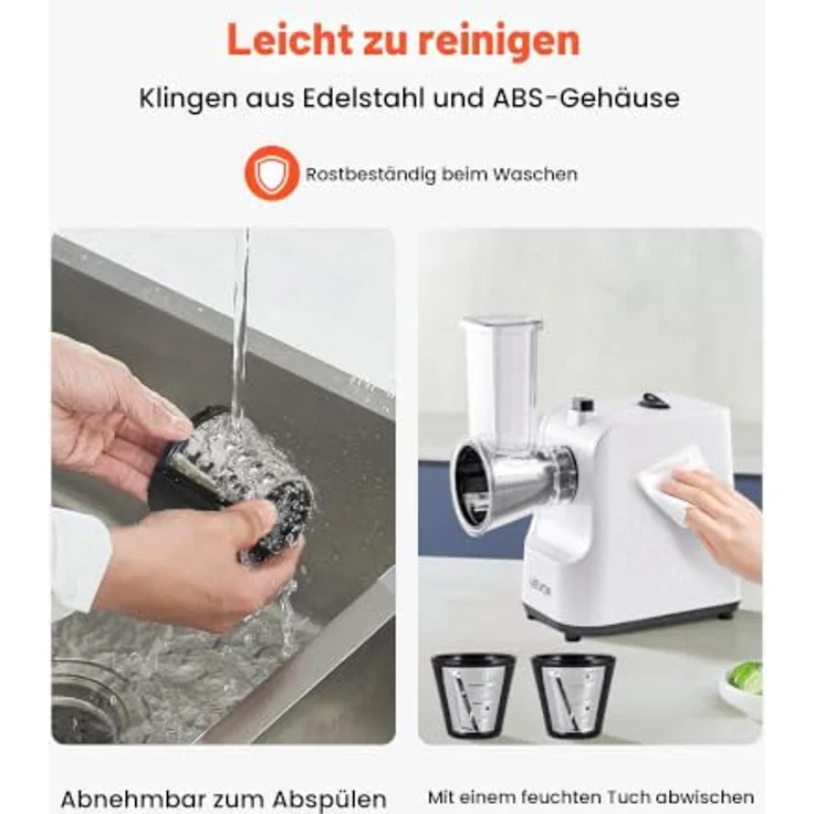VEVOR Elektrische Käsereibe, 200 W Gemüsehobel mit 5 Edelstahlklingen, breiter Einfüllschacht, leicht zu reinigen, für schnelles Schneiden von Gemüse und Käse – Bild 5