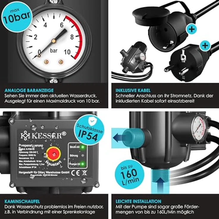 KESSER® Pumpensteuerung mit Baranzeige, 10 bar Druckschalter mit Trockenlaufschutz und automatischem Ein- und Ausschalten – Bild 3