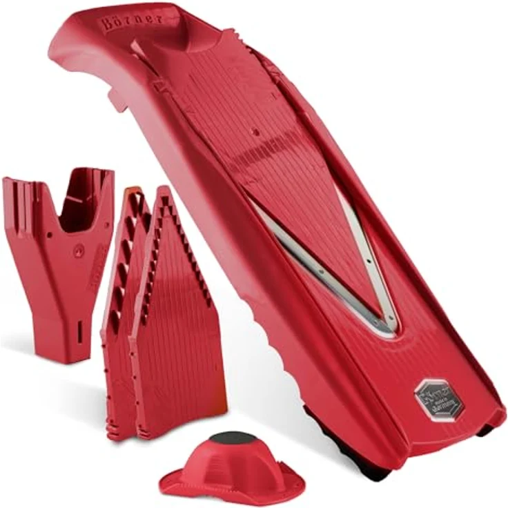Börner V5 PowerLine Gemüsehobel Starter Set (6-tlg.) • Gemüseschneider (V-Hobel) für Obst & Gemüse + Fruchthalter + Einschübe mit Box • 4 Schnittstärken • Küchenhobel-Set (Rot) – Bild 1
