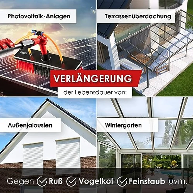 BoomDing Teleskop Waschbürste 4,6 Meter ausziehbar Teleskopstange Fensterreinigung aus Aluminium zur Reinigung von Solaranlage Terrassendach Wintergarten Reinigungsset PV Anlage Reinigung, Umweltfreundlich, inkl. Seifenspender – Bild 2