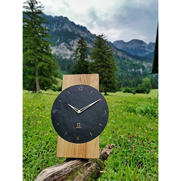 Natuhr Schiefer Wanduhr Steineiche, geräuscharm aus Eichenholz mit dunklem Schiefer und Quarz-Uhrwerk, Made in Germany – Bild 5