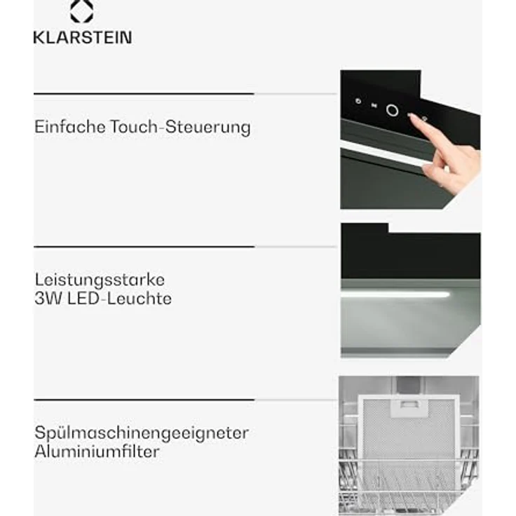 Klarstein SmartEdge Dunstabzugshaube - 90 cm Wandhaube, WLAN- & Touch-Steuerung, 550 m³/h Luftdurchsatz, A+ Energieeffizienz, LED-Beleuchtung, Flüsterleise 34 dB, Schwarz – Bild 6