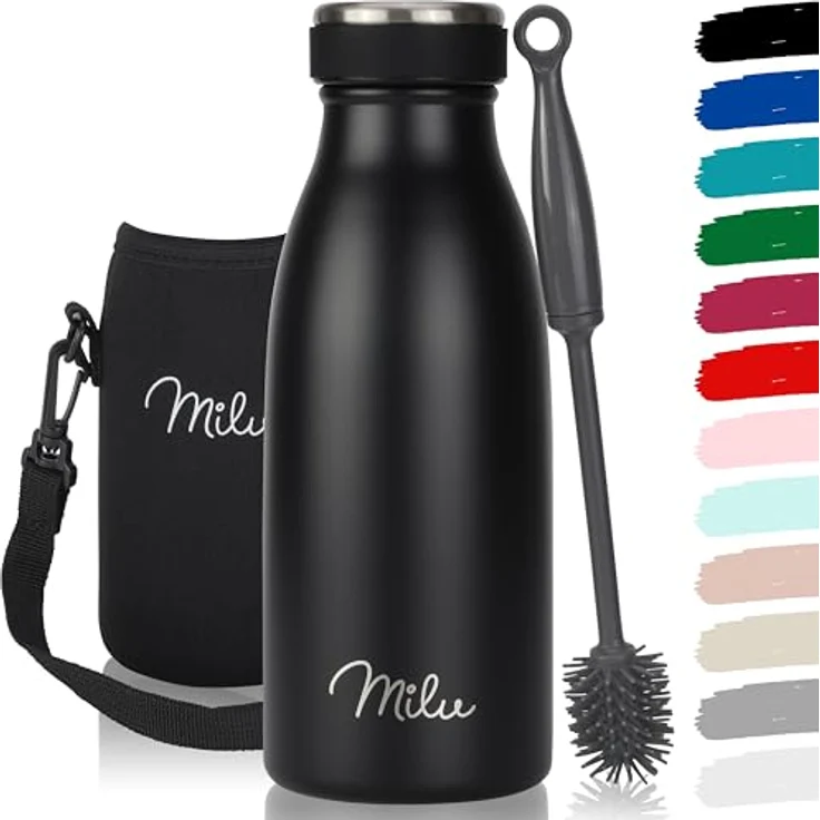 Milu Edelstahl Trinkflasche 350ml – Thermosflasche für Kinder und Erwachsene, auslaufsicher, isoliert, kohlensäuregeeignet, Schwarz, inkl. Reinigungsbürste – Bild 1