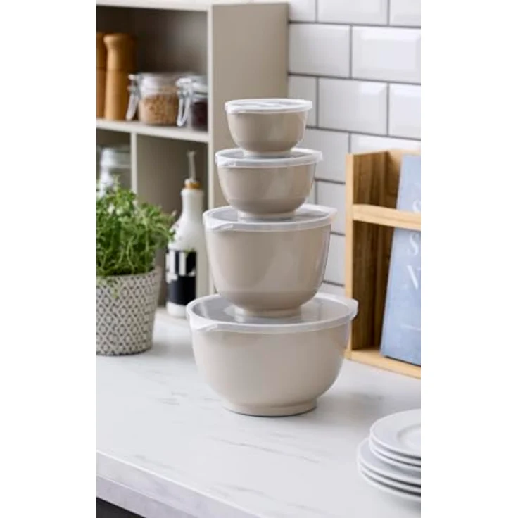 Rosti Margrethe Schüssel Set, 8-teiliges Rührschüssel Set aus recycelbarem Kunststoff, 4 Schüsseln (0,25L, 0,5L, 1,5L, 3L) mit Deckeln, Humus, spülmaschinenfest und mikrowellengeeignet – Bild 2