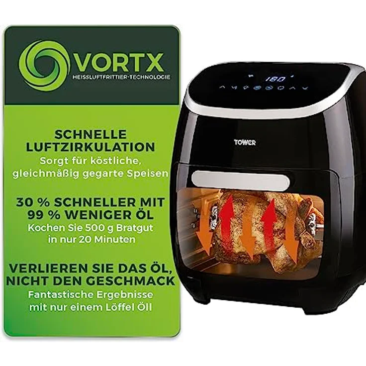 Tower T17039 Xpress Pro 5-in-1 Digitale Heißluftfritteuse mit Schneller Luftzirkulation, 60-Minuten-Timer - Airfryer Heißluftfritteuse XXL 11 l - 2000W - Schwarz – Bild 3