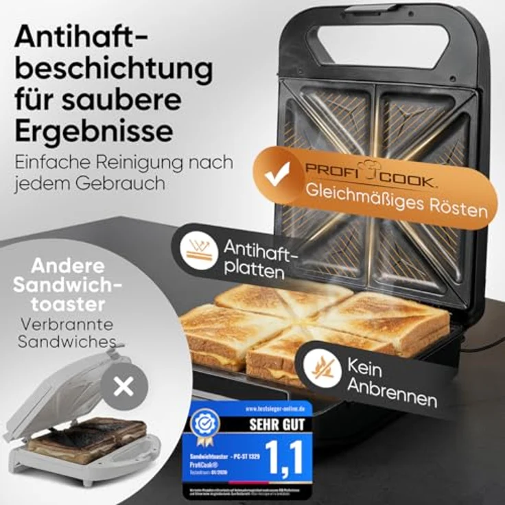 ProfiCook® Sandwichmaker PC ST 1329, für 4 Sandwiches gleichzeitig, Antihaft-Platten, 1600W, Bereitschaftsanzeige, platzsparend im aufrechten Stand – Bild 2