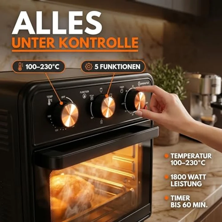 Sommertal Minibackofen 20 Liter, Tischbackofen mit Umluft & Heißluftfritteuse, 1800W, 100–230°C, 60 Min. Timer, inkl. Zubehör – Bild 4