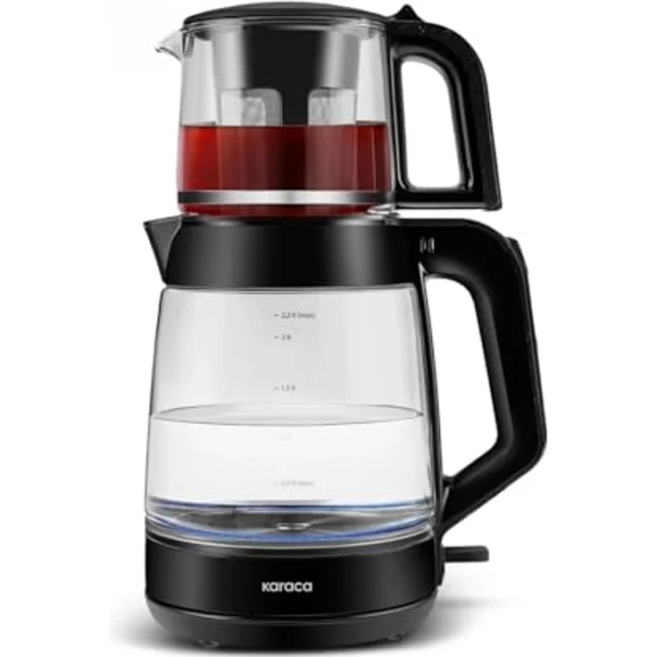 Karaca Glass Tea XL 2 in 1 Glas-Teemaschine & Wasserkocher Shiny Black, 0,9L Teekapazität, 2,2L Wasserkapazität, energieeffizient, automatische Warmhaltefunktion, LED-Anzeige – Bild 1