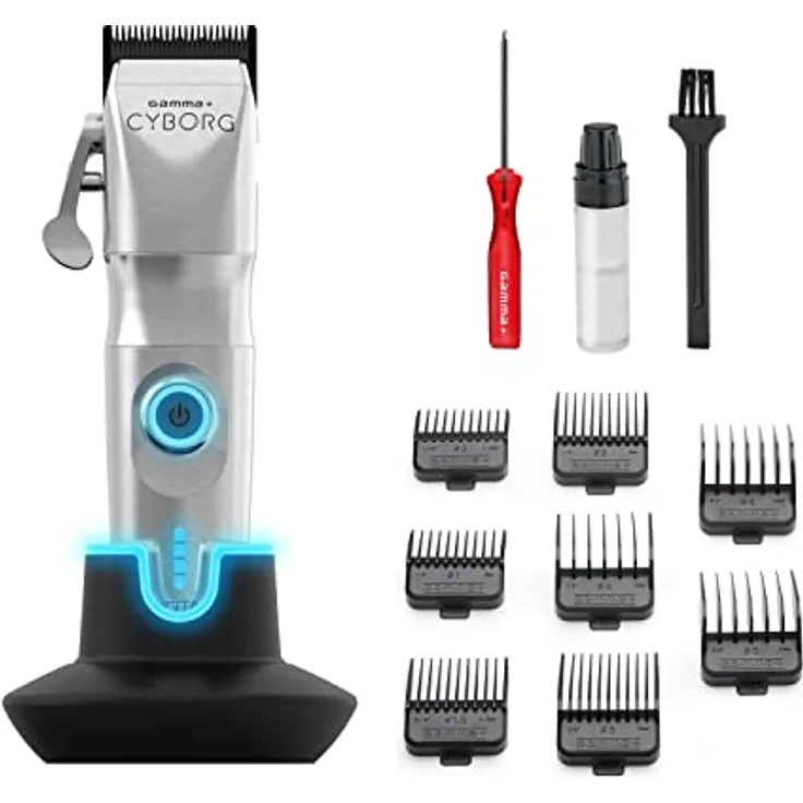 GAMMAPIU' Cyborg Professioneller Herren-Haarschneider, Clipper mit Bürstenlosen Motor, 200 Minuten Autonomie ohne Kabel, Zwei Klingeneinstellhebel 0 Abstand, 8 Kämme, Stabiles Metallgehäuse