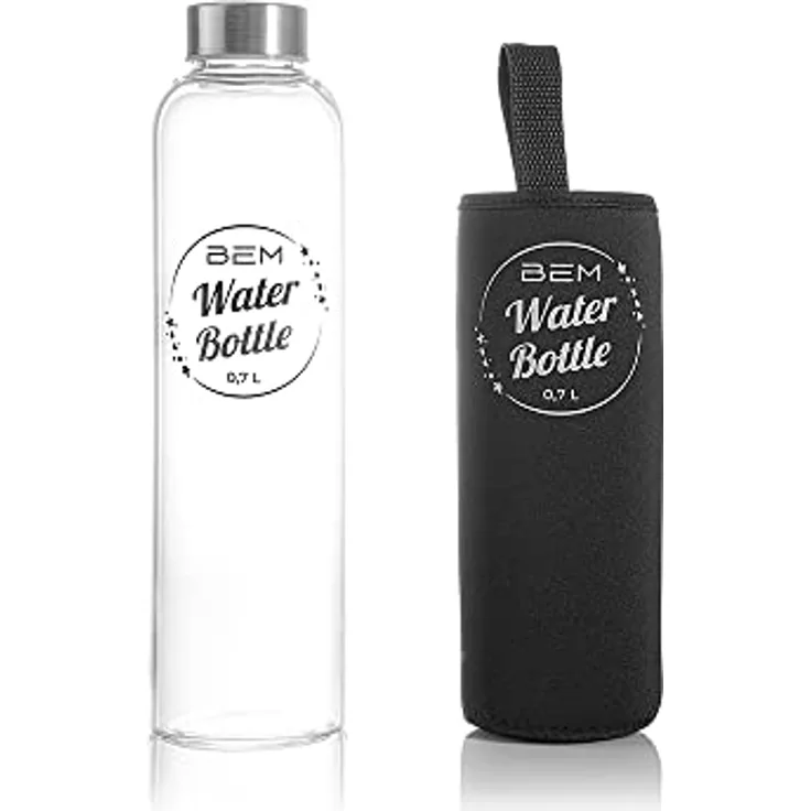 Water Bottle - Trinkflasche aus Glas mit Edelstahldeckel 700ml, Spülmaschinenfest, Stoßfest, Silikonhülle, Borosilikatglas, robust