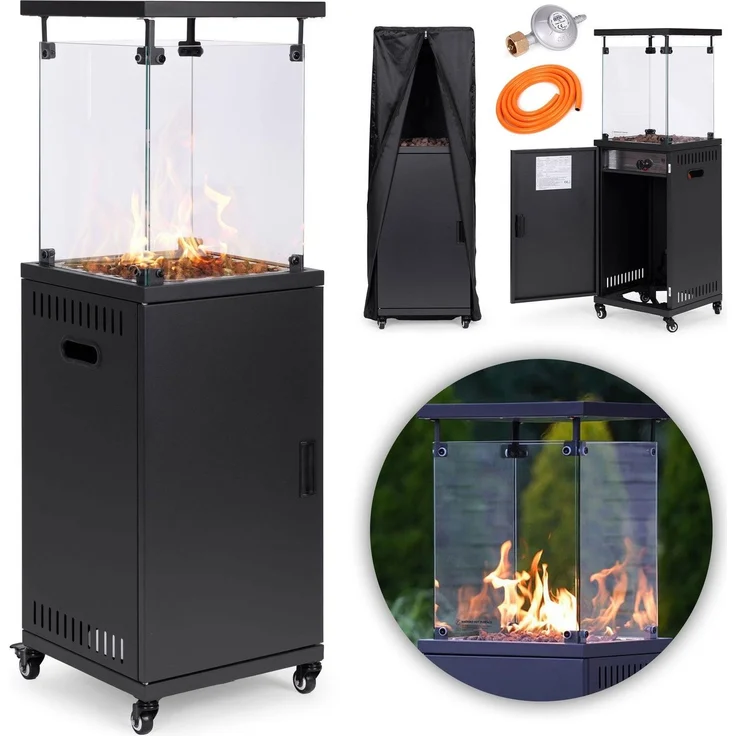 Northix Gasheizstrahler MultiGarden, 13 kW, aus Glas für Garten und Terrasse, mit Temperaturregler, Vulkansteinen und Abdeckung