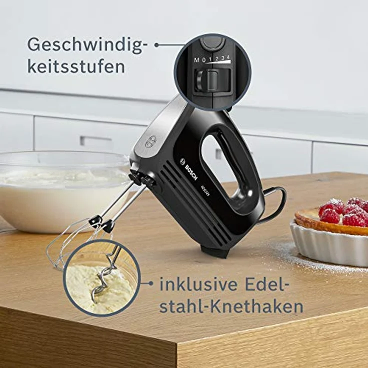Bosch Clever Mixx MFQ24200 Handrührer, moderne Motortechnik, 2 Tubobesen, 2 Edelstahl-Knethaken, 4 Geschwindigkeitsstufen, 400 W, schwarz – Bild 9