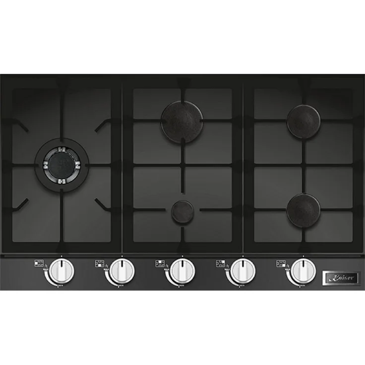 Kaiser Küchengeräte KCG 9387 Gaskochfeld 90cm, Schwarz Glas, 5 Brenner inklusive 3,8kW WOK-Brenner, Einbau Herd