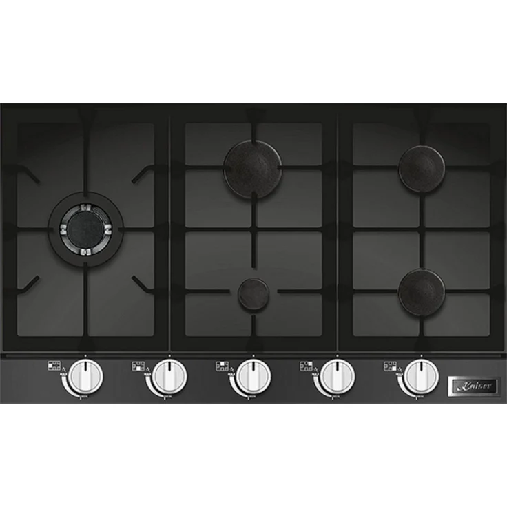 Kaiser Küchengeräte KCG 9387 Gaskochfeld 90cm, Schwarz Glas, 5 Brenner inklusive 3,8kW WOK-Brenner, Einbau Herd
