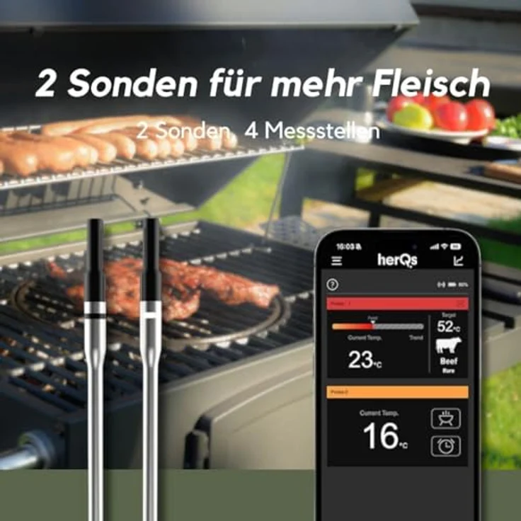 HerQs Double Max Grillthermometer, Digitales Bluetooth Fleischthermometer, Mit App und Temperaturalarm bis zu 300°C, 170m Bluetooth Meater - Für Grill, Ofen, Pfanne, Heißluftfritteuse - 2 Sonden – Bild 2