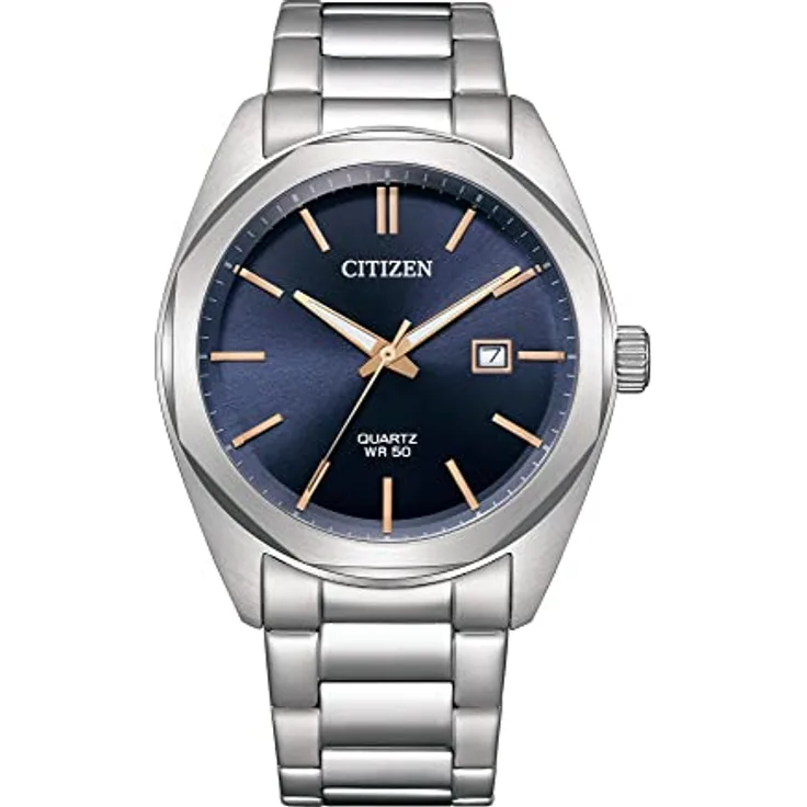 CITIZEN Analog Herrenuhr mit gelbem Zifferblatt, Grau, Japanisch - Quarzwerk, leuchtende Zeiger, wassergeschützt 5 ATM