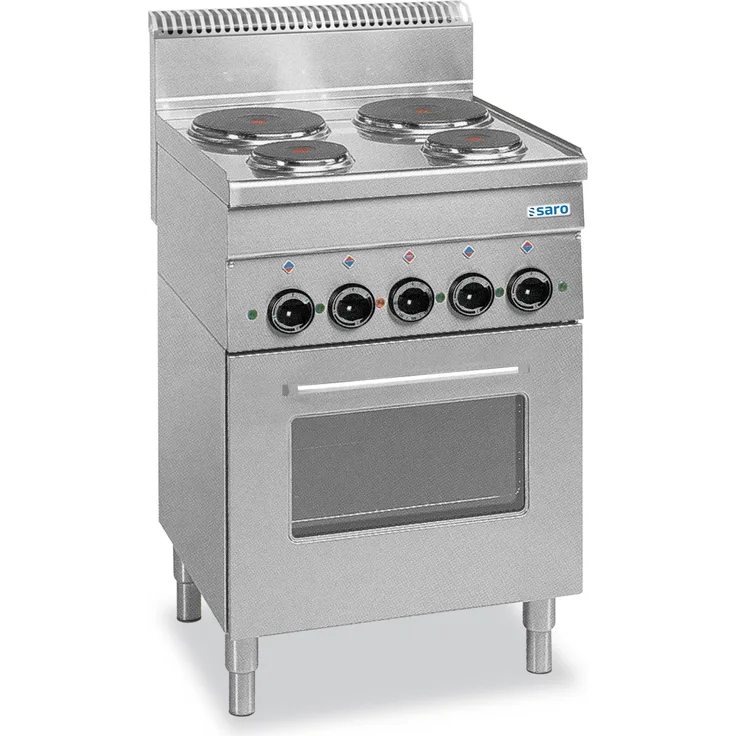 SARO Elektroherd 600 Line E4F6, 4 Kochplatten, Grill und Umluftofen aus Edelstahl AISI 304, höhenverstellbare Füße, Überhitzungsschutz