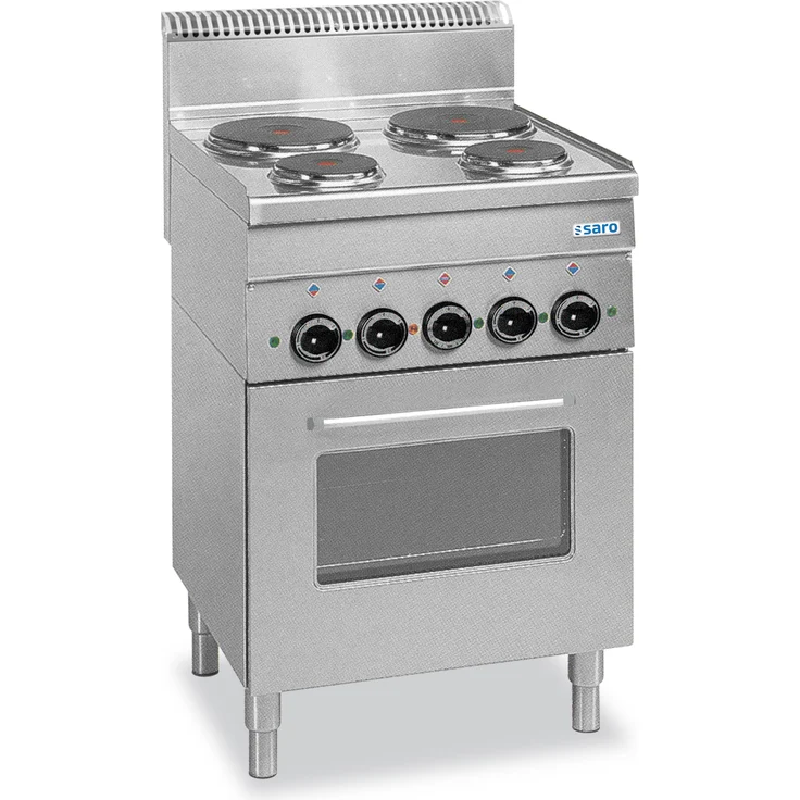 SARO Elektroherd 600 Line E4F6, 4 Kochplatten, Grill und Umluftofen aus Edelstahl AISI 304, höhenverstellbare Füße, Überhitzungsschutz