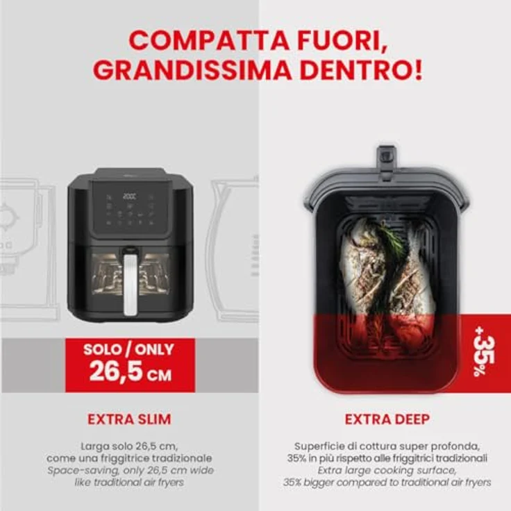 Ardes ARFRYA08LV Luftfritteuse 8 Liter Schwarz - Ölfreies Frittieren, extra tiefe Form für längliche Lebensmittel, Rapid Air Fryer Technologie, Touch-Display, Fenster und Innenbeleuchtung – Bild 3