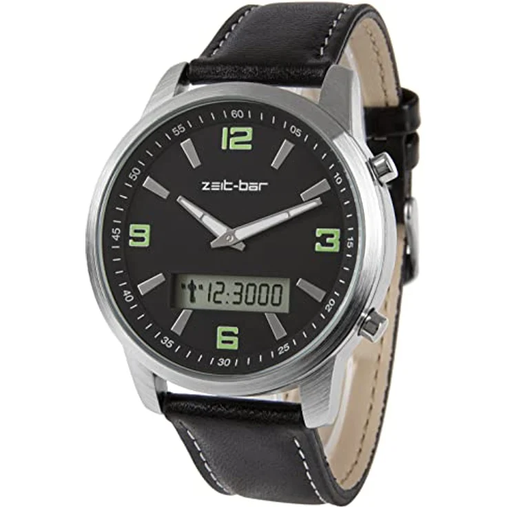 Zeit-Bar Funk-Armbanduhr Herren, Metallgehäuse, LED-Digitalanzeigen, Echtleder-Armband, schwarz – Bild 2