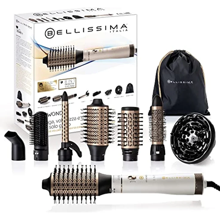 Bellissima Air Wonder, Heißluftbürste, Ionentechnologie, Bürsten mit Keramik- und Keratinbeschichtung, trocknet, verleiht Volumen, 8 Zubehörteile, 1000 W – Bild 1